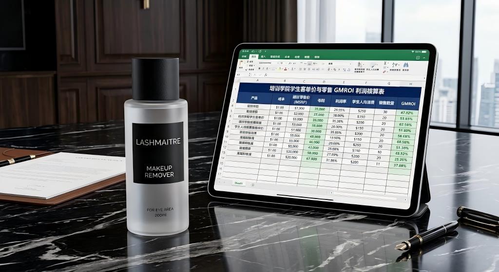 Financial GMROI projection dashboard displayed on an iPad next to a premium, minimalist matte-frosted LASHMAITRE private label makeup remover, specialized for safe use with eyelash extensions.