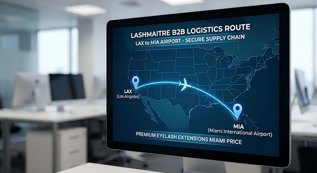 B2B logistics routing map from Los Angeles to MIA airport securing supplies for a premium eyelash extensions miami price