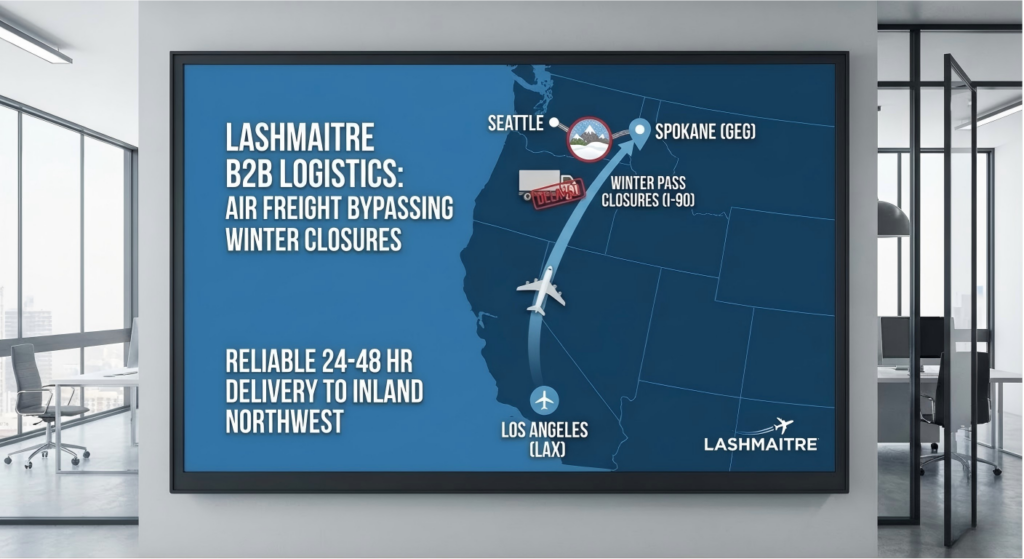 B2B supply chain logistics routing map from Los Angeles to GEG bypassing winter pass closures for eyelash extensions spokane