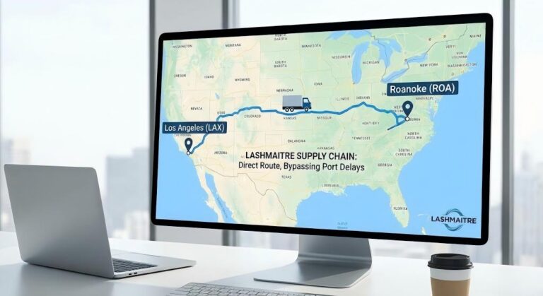 B2B supply chain logistics routing map from Los Angeles to ROA bypassing port delays for eyelash extensions roanoke va