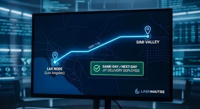 B2B supply chain logistics routing map from Los Angeles to Ventura County for eyelash extensions simi valley
