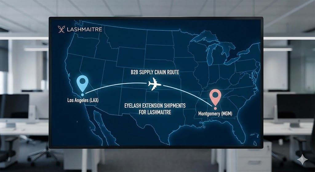 B2B supply chain logistics routing map from Los Angeles to MGM for eyelash extensions montgomery