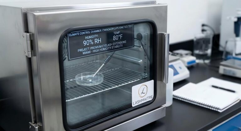 Climate control chamber testing high humidity cyanoacrylate kinetics to justify a premium eyelash extensions miami price