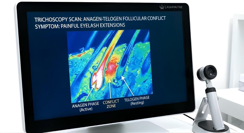 Digital trichoscopy scan showing Anagen-Telogen follicular conflict making eyelash extensions painful