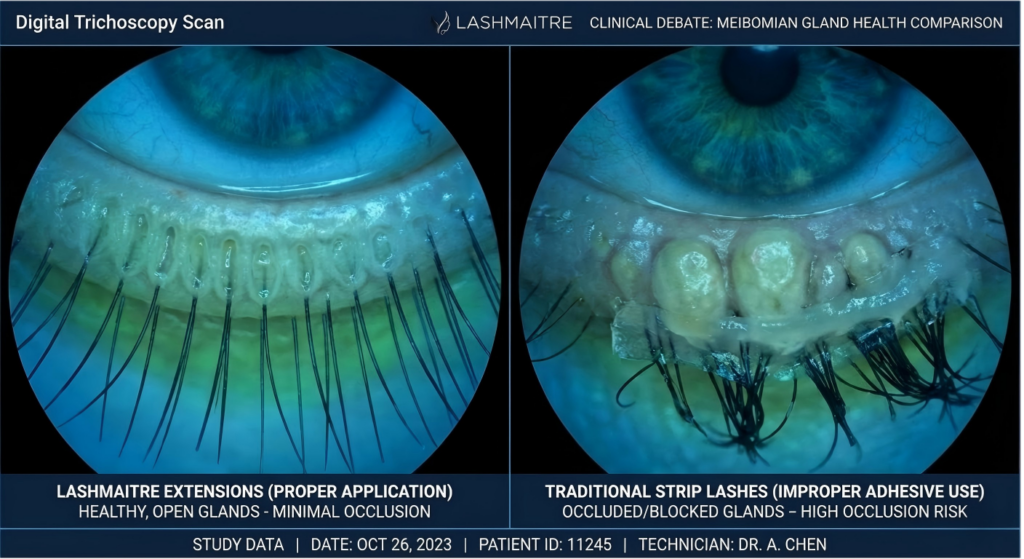 Digital trichoscopy scan comparing Meibomian gland occlusion in the clinical debate of eyelash extensions vs strip lashes