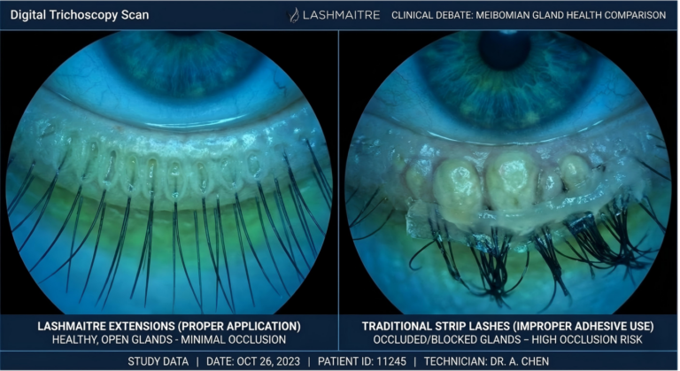 Digital trichoscopy scan comparing Meibomian gland occlusion in the clinical debate of eyelash extensions vs strip lashes
