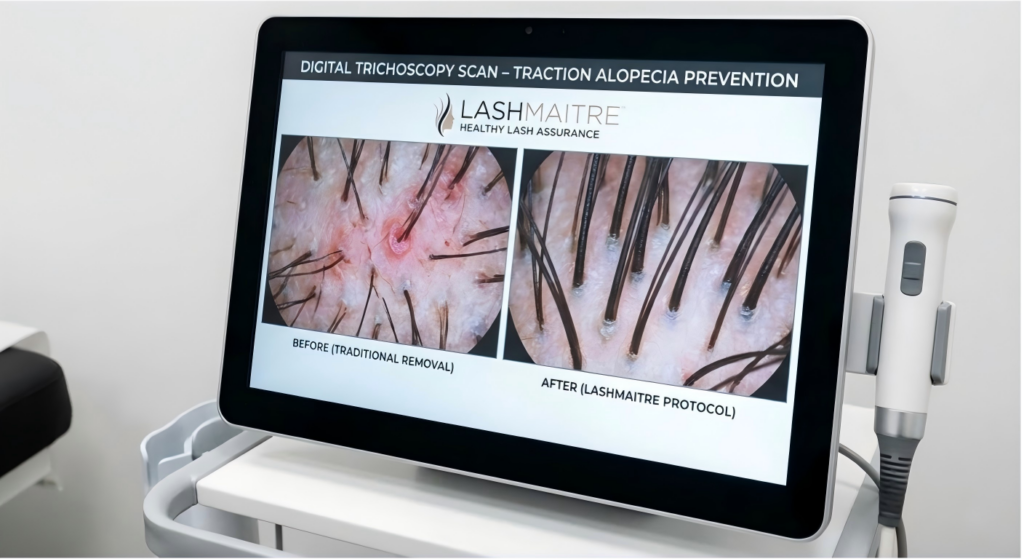 Digital trichoscopy scan demonstrating traction alopecia prevention to ensure healthy eyelashes after extension removal