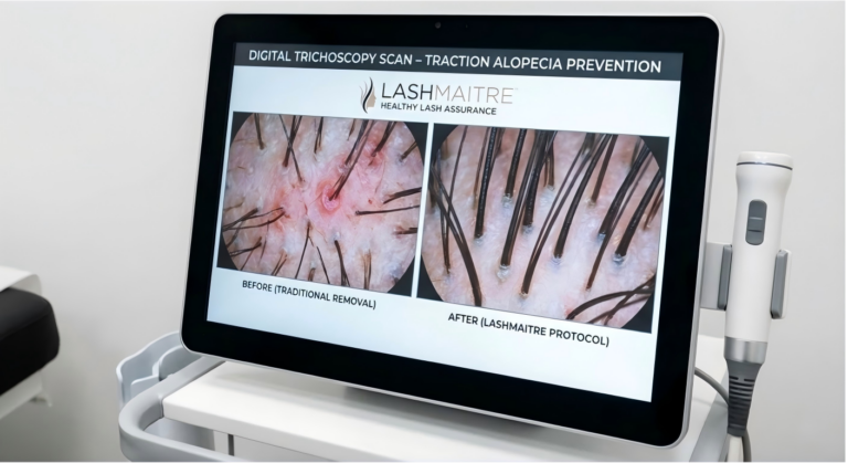 Digital trichoscopy scan demonstrating traction alopecia prevention to ensure healthy eyelashes after extension removal