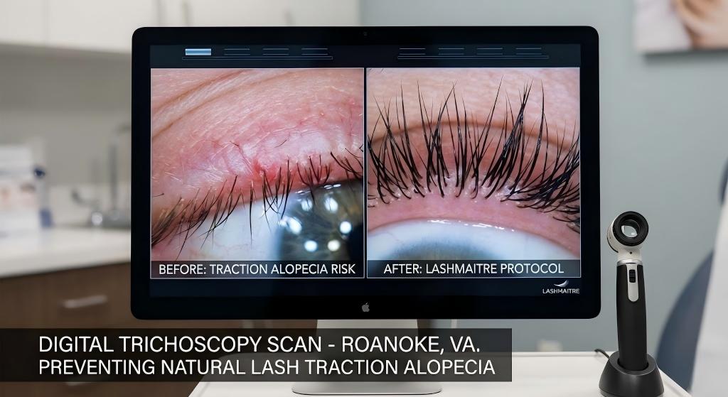 Digital trichoscopy scan preventing natural lash traction alopecia for eyelash extensions roanoke va