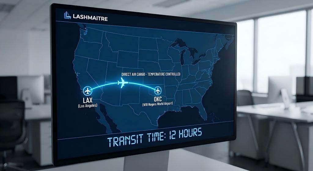 B2B supply chain logistics routing map from Los Angeles to OKC for eyelash extensions norman okLASHMAITRE Logistics Advantage: 12-Hour Direct Air Cargo, LAX to OKC