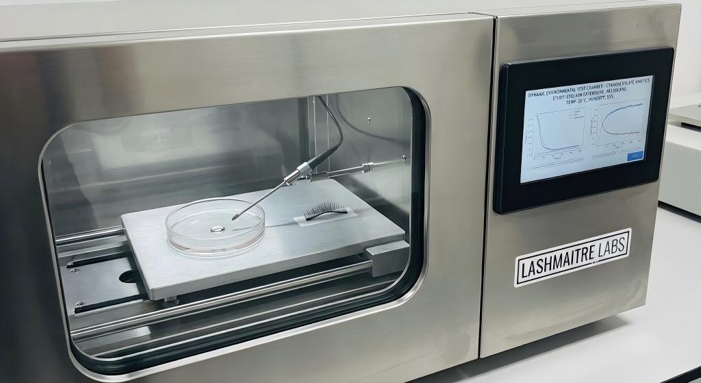 Dynamic environmental testing chamber evaluating cyanoacrylate kinetics for eyelash extensions melbourne