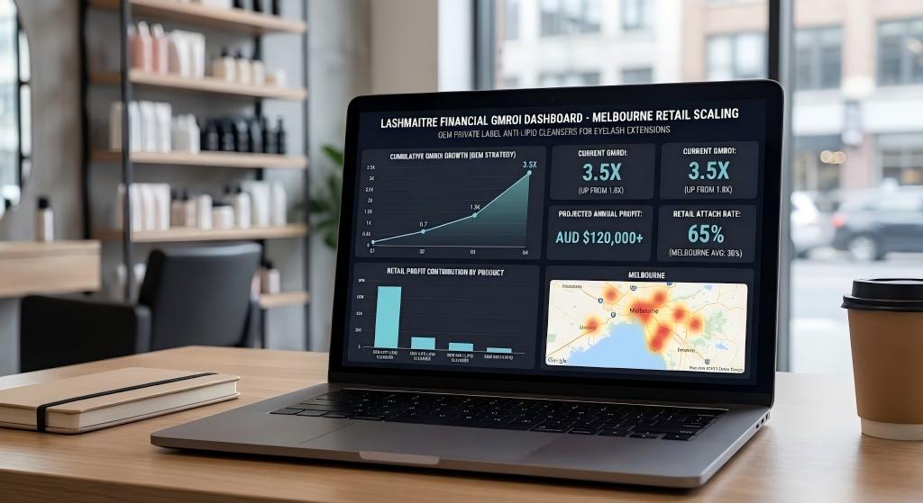 Financial GMROI dashboard scaling retail profits with OEM private label anti lipid cleansers for eyelash extensions melbourne