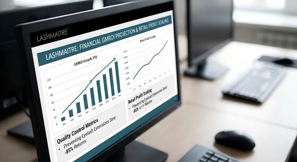 Financial GMROI projection dashboard scaling retail profits and preventing eyelash extensions sore