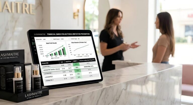 Financial GMROI projection dashboard calculating retail profits and preventing irritation from eyelash extensions