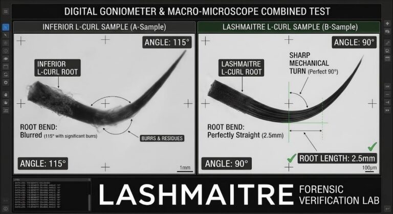 Digital goniometer metrology testing the geometric precision of the angular hinge in L eyelash extensions, comparing a blurred 115° inferior sample with a 90° LASHMAITRE precision root.