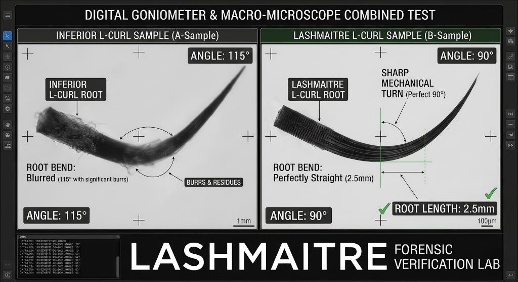 Digital goniometer metrology testing the geometric precision of the angular hinge in L eyelash extensions, comparing a blurred 115° inferior sample with a 90° LASHMAITRE precision root.
