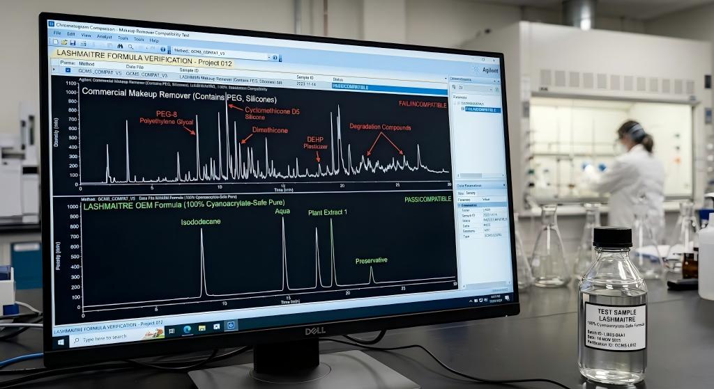 A side-by-side GC-MS chromatogram comparison on a lab monitor showing high chemical peaks in commercial makeup remover versus a clean, flat baseline for LASHMAITRE cyanoacrylate-safe formula.