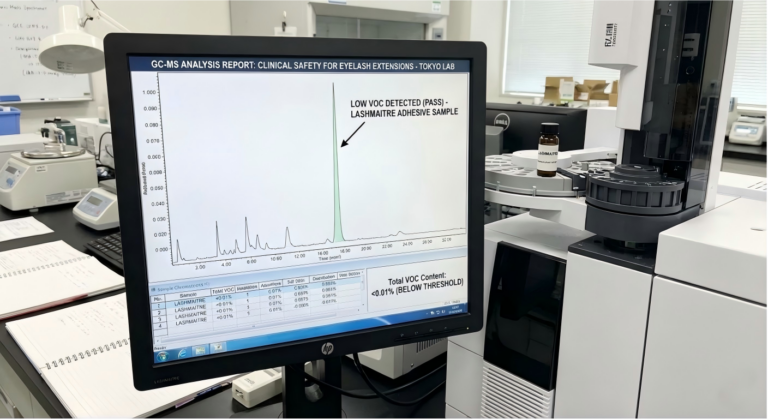 Gas chromatography mass spectrometry lab data proving low VOC emissions to ensure clinical safety for eyelash extensions tokyo