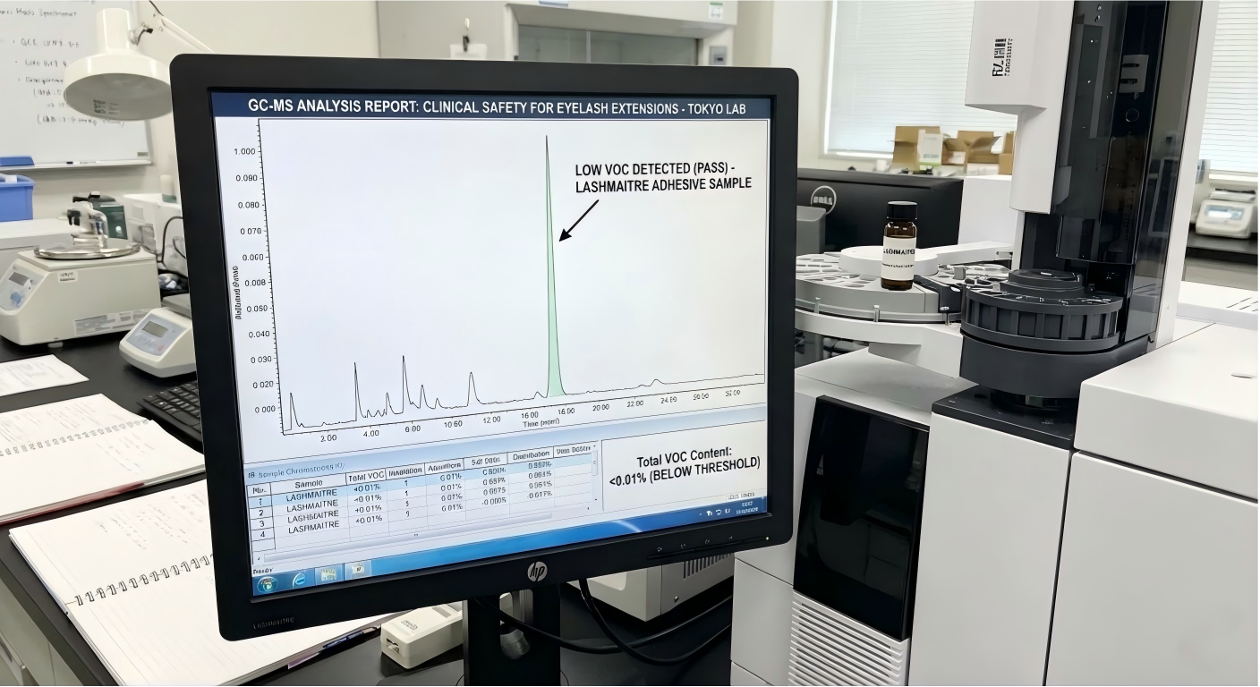 Gas chromatography mass spectrometry lab data proving low VOC emissions to ensure clinical safety for eyelash extensions tokyo
