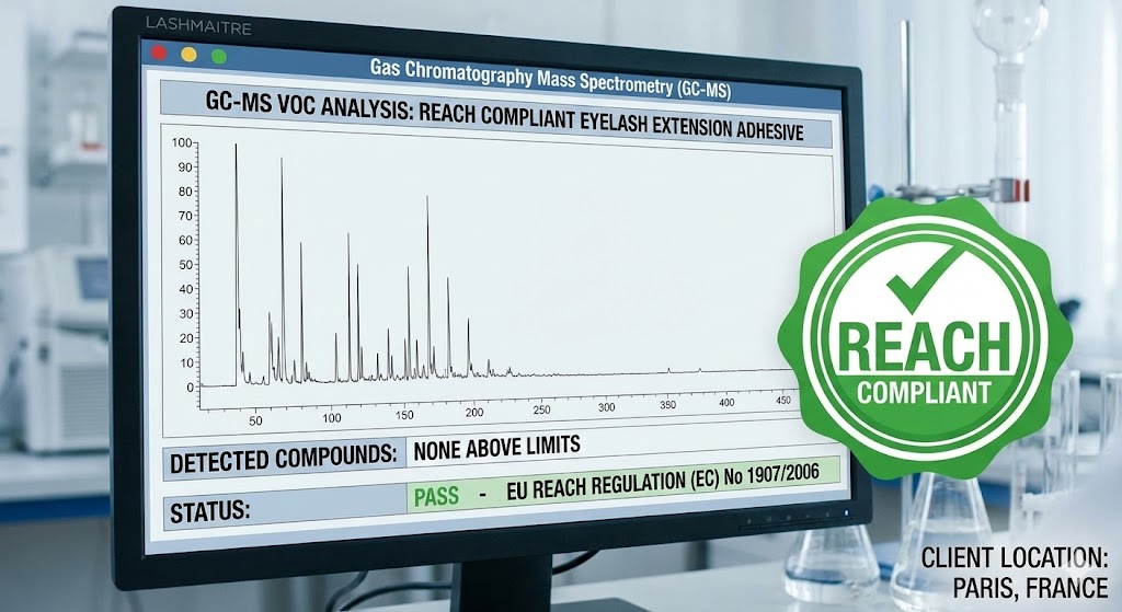 Gas chromatography mass spectrometry lab data analyzing VOC emissions for REACH compliant eyelash extensions paris