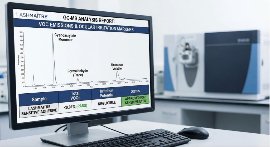 Gas chromatography mass spectrometry lab data analyzing VOC emissions to prevent eyelash extensions sore
