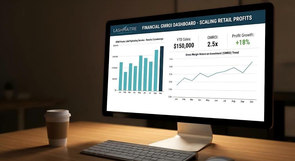 Financial GMROI dashboard scaling retail profits with OEM private label hydrating serums for eyelash extensions rancho cucamonga