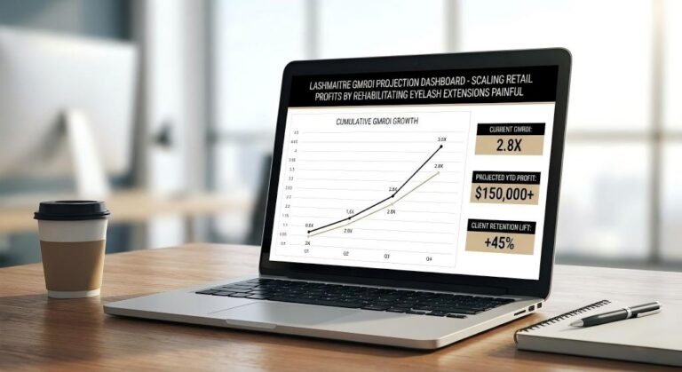 Financial GMROI projection dashboard scaling retail profits by rehabilitating eyelash extensions painful
