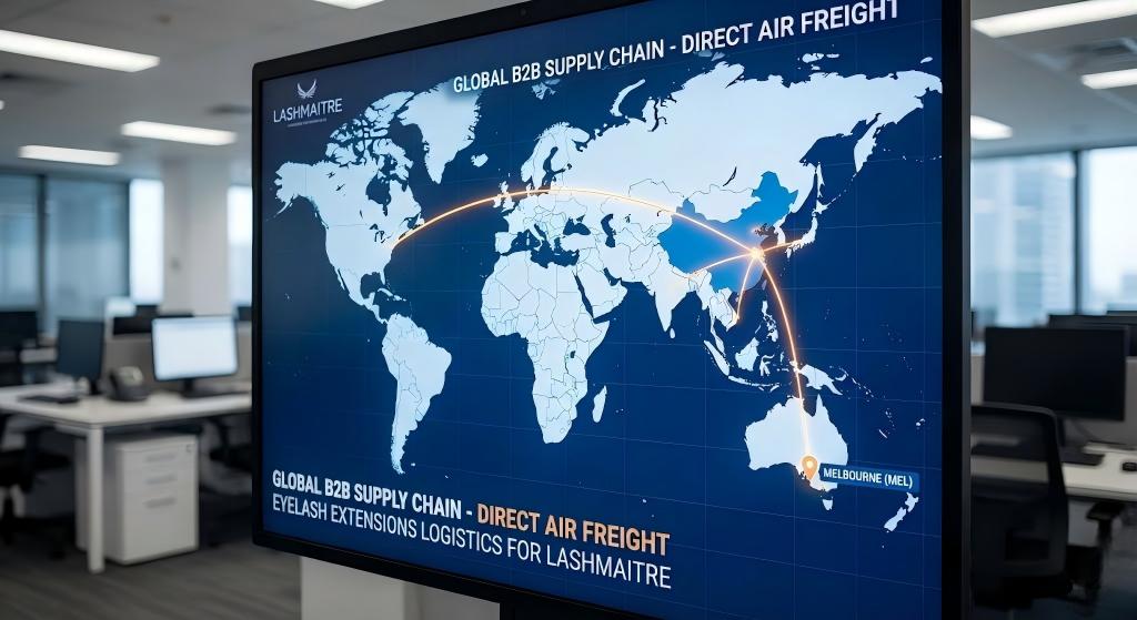 B2B supply chain logistics routing map via direct air freight to MEL airport for eyelash extensions melbourne