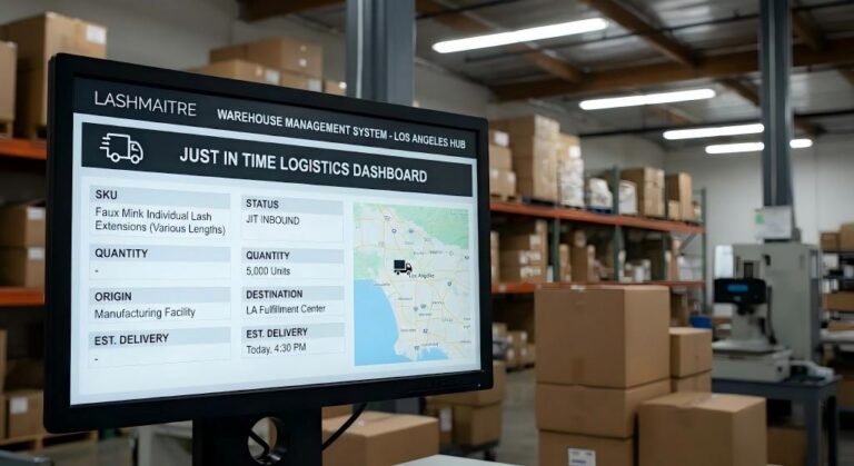Warehouse management system displaying Just In Time logistics for faux individual mink eyelash extensions SKUs in Los Angeles