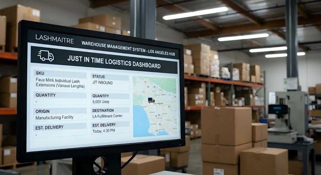 Warehouse management system displaying Just In Time logistics for faux individual mink eyelash extensions SKUs in Los Angeles
