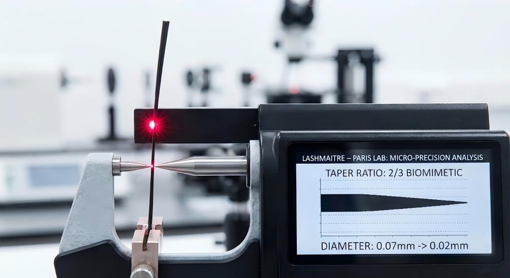Digital laser micrometer analyzing PBT fiber taper ratio for biomimetic eyelash extensions paris