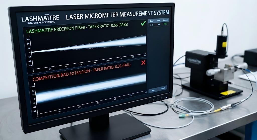 Digital laser caliper measuring 2/3 taper ratio to define good eyelash extensions vs bad