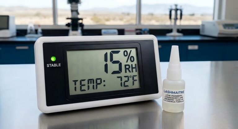 Digital hygrometer proving low humidity cyanoacrylate adhesive stability for eyelash extensions rancho cucamonga