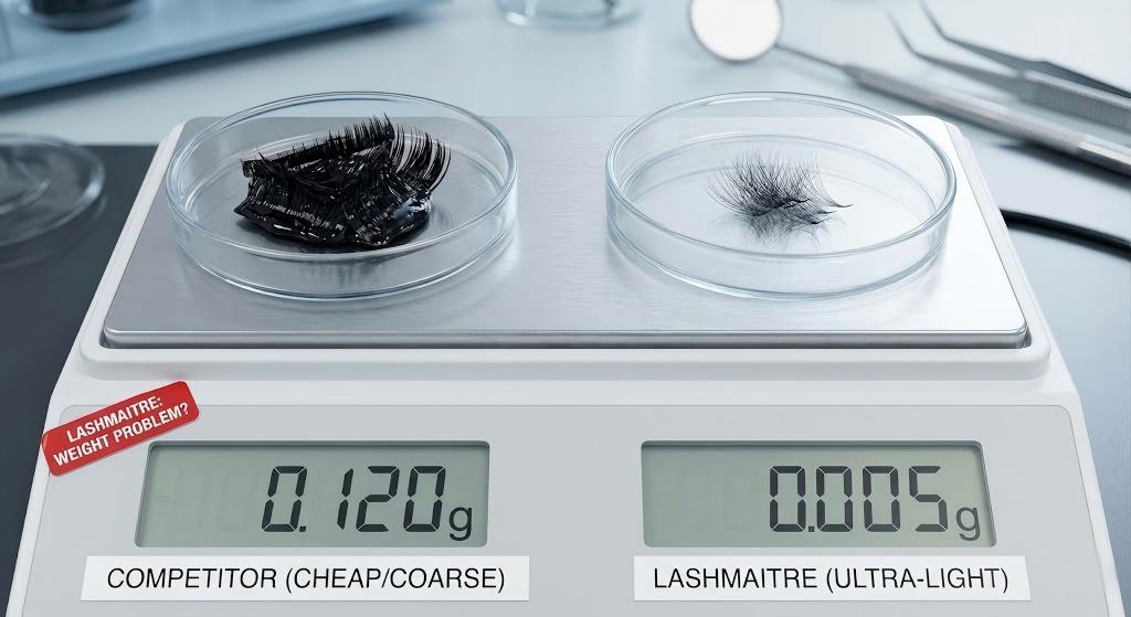 Precision scale proving weightless payload of 2/3 taper PBT fibers for safe eyelash extensions mapping