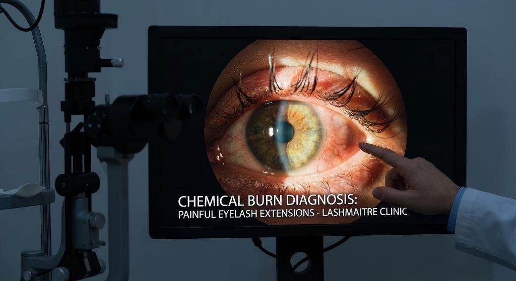 Slit-lamp biomicroscopy clinical scan diagnosing chemical burns causing eyelash extensions painful