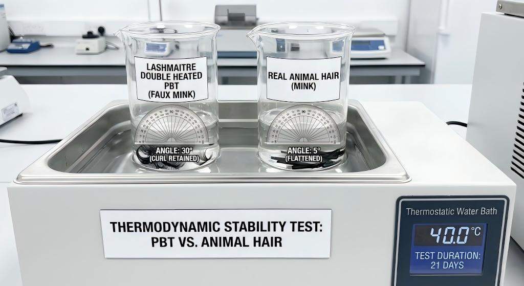 Thermodynamic water bath testing proving double heated PBT faux individual mink eyelash extensions retain curl while animal hair flattens