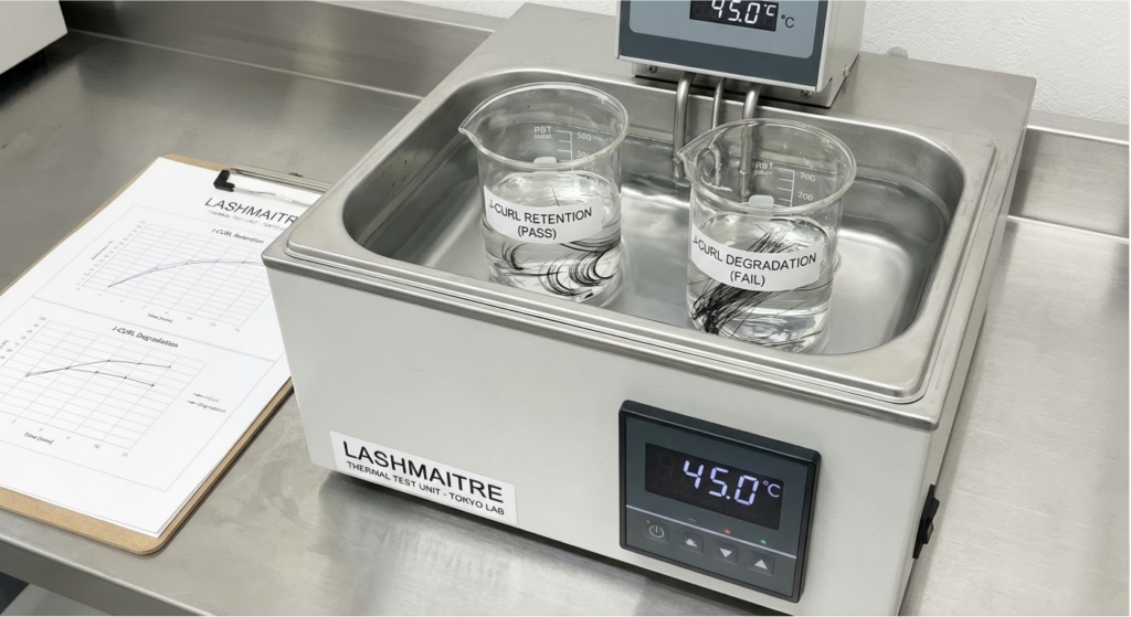 Thermostatic water bath testing thermal memory degradation in J-curl PBT fibers utilized for eyelash extensions tokyo