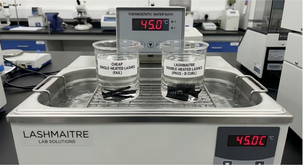 Thermostatic water bath testing thermal memory degradation in good eyelash extensions vs bad