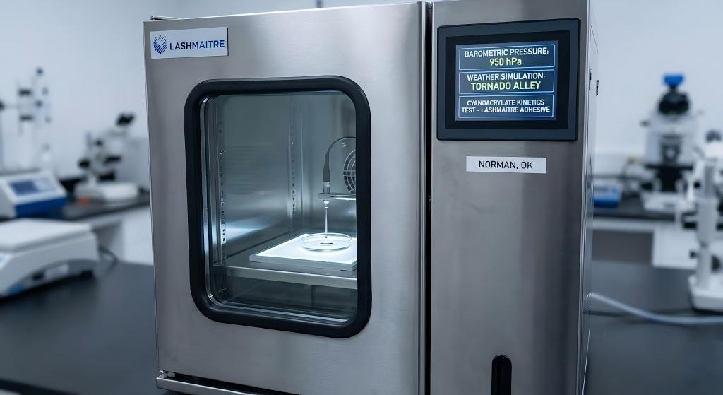 Barometric pressure testing chamber evaluating cyanoacrylate kinetics for eyelash extensions norman ok