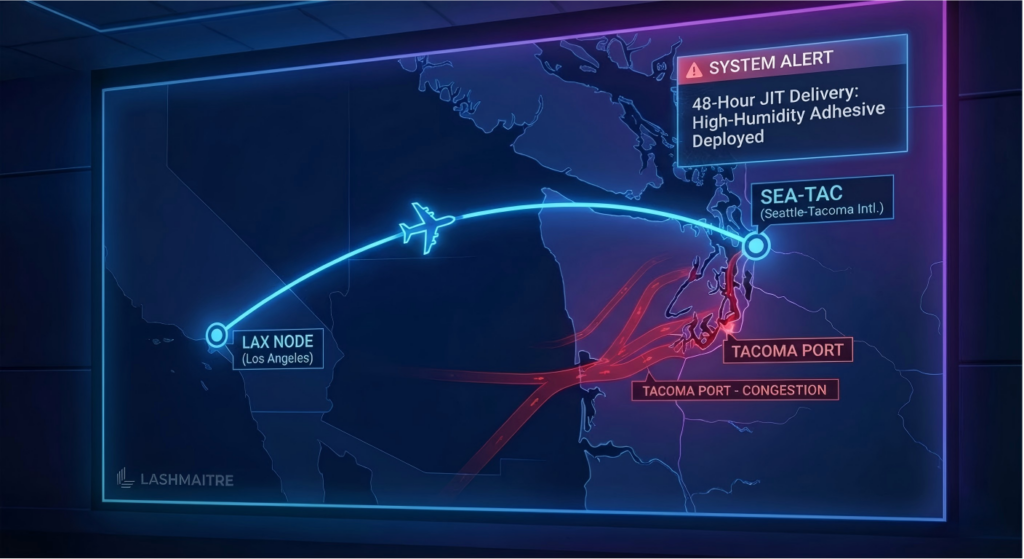 High-tech WMS aviation logistics routing map showing cargo flight from LAX to SEA-TAC bypassing Tacoma port congestion for eyelash extensions