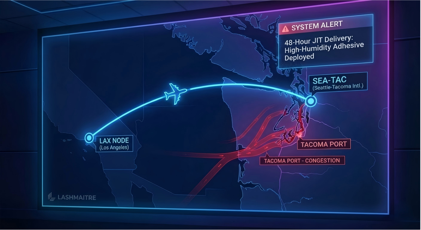 High-tech WMS aviation logistics routing map showing cargo flight from LAX to SEA-TAC bypassing Tacoma port congestion for eyelash extensions