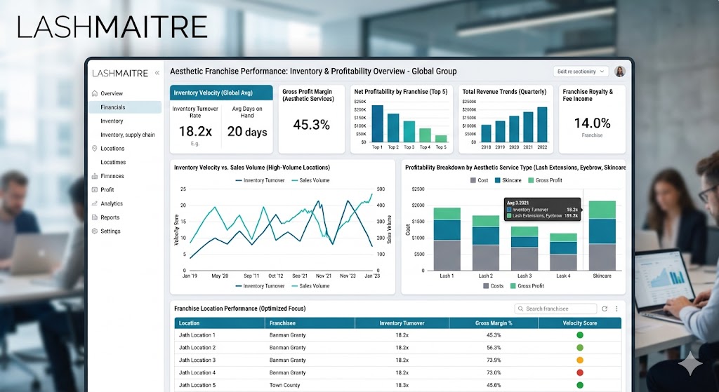 Professional B2B financial dashboard demonstrating optimized inventory velocity and profitability for high-volume aesthetic franchises.
