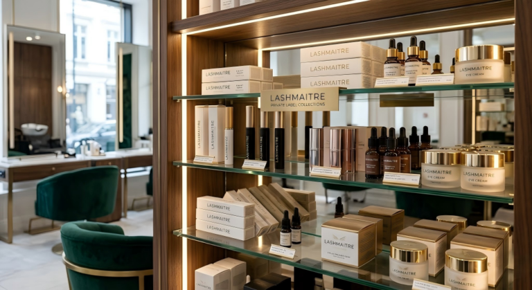 A close-up view of a LASHMAITRE Private Label Collections luxury salon retail display shelf, featuring premium individual lash trays and specialized tweezers in sophisticated packaging with gold accents, perfectly designed for rapid, high-turnover aesthetic services and high-end markets.