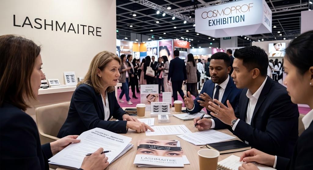 A close-up photograph capturing an intense B2B negotiation at the Cosmoprof exhibition, where a global franchise procurement director finalizes a proprietary LASHMAITRE medical-grade lash OEM contract for luxury resort salons, with contract documents and product samples visible on the table.