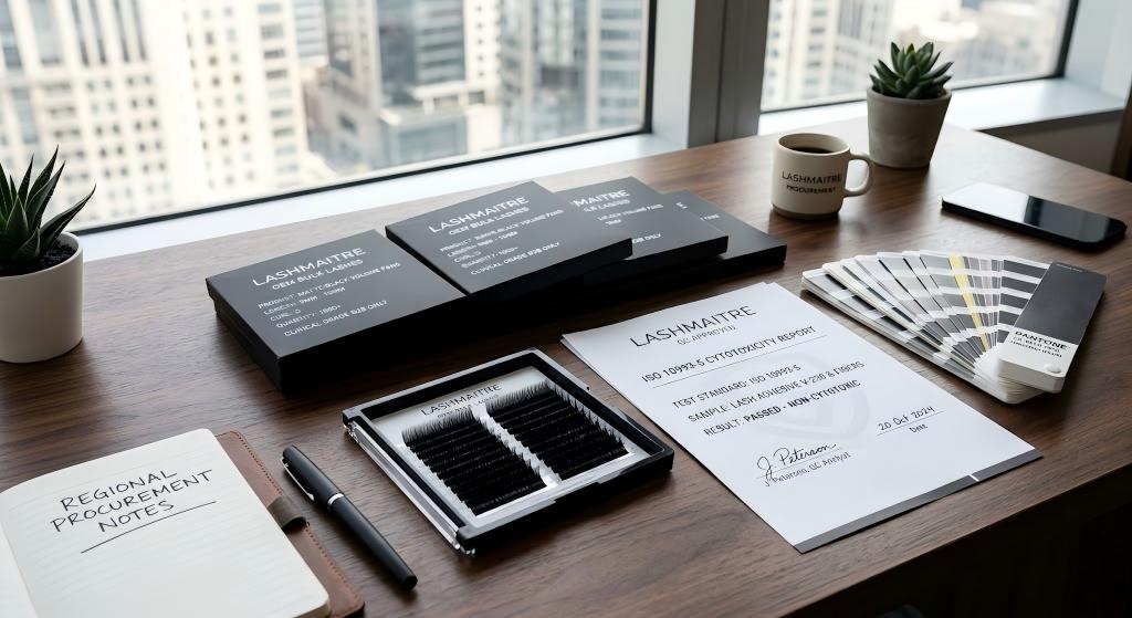A regional procurement director's executive desk showcasing matte-black, minimalist OEM bulk lash trays perfectly aligned alongside a verified ISO 10993-5 cytotoxicity report and a Pantone swatch book, verifying bespoke clinical branding for luxury salons.