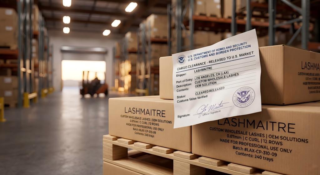 A hyper-detailed macro photograph of an official US Customs and Border Protection (CBP) clearance document resting atop a pristine pallet of LASHMAITRE custom wholesale lash boxes featuring minimalist OEM branding, stationed in our Los Angeles warehouse.