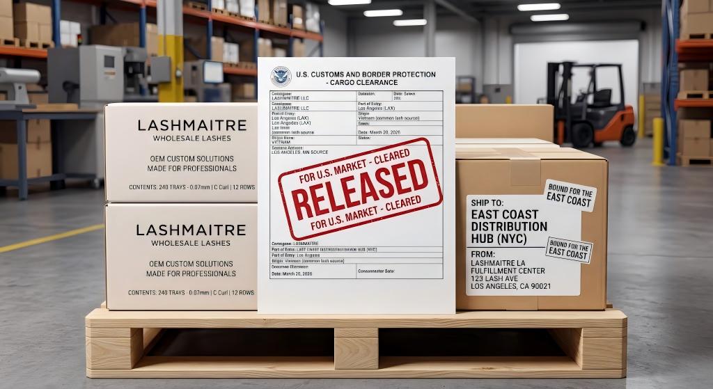 A stark, hyper-detailed macro photograph of an official US Customs and Border Protection (CBP) clearance document stamped "RELEASED", resting atop a pristine pallet of custom wholesale lash boxes bound for the East Coast, originating from the LASHMAITRE Los Angeles fulfillment center.