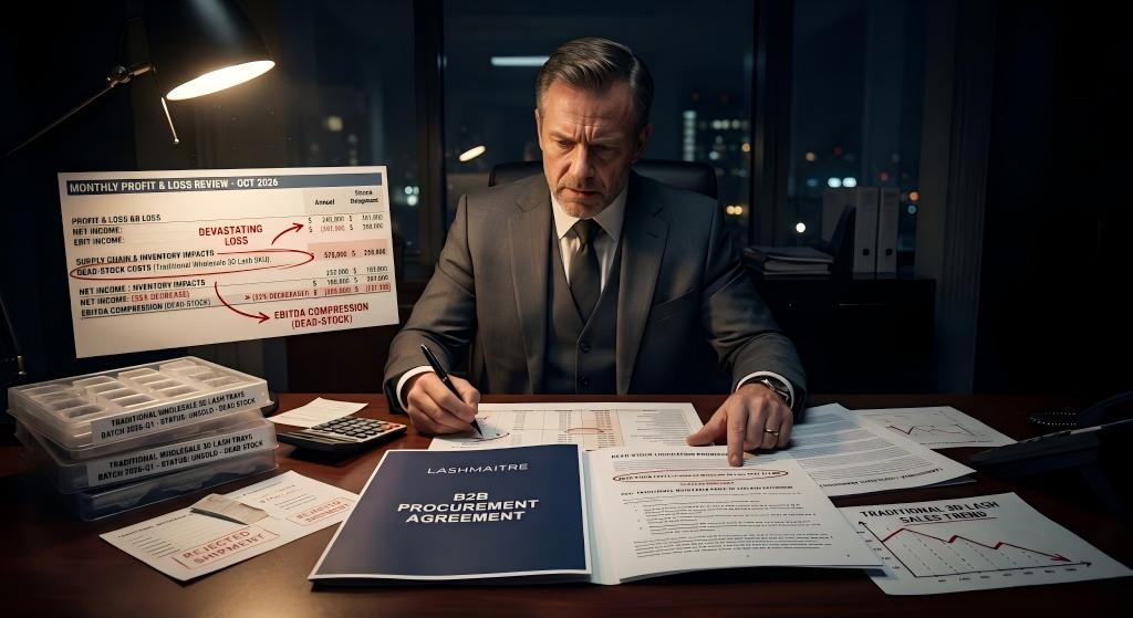 A highly cinematic, low-key lighting photograph of a Chief Financial Officer aggressively reviewing a bleak P&L spreadsheet alongside a LASHMAITRE B2B procurement contract, calculating the devastating dead-stock costs associated with the traditional wholesale price 3d eyelash extension.