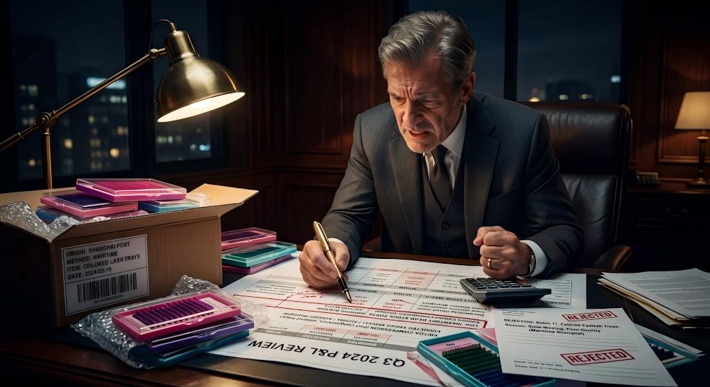 A highly cinematic, low-key lighting photograph of a Chief Financial Officer aggressively reviewing a bleak P&L spreadsheet, calculating the devastating dead-stock costs and EBITDA compression caused by maritime imported colored lash trays.