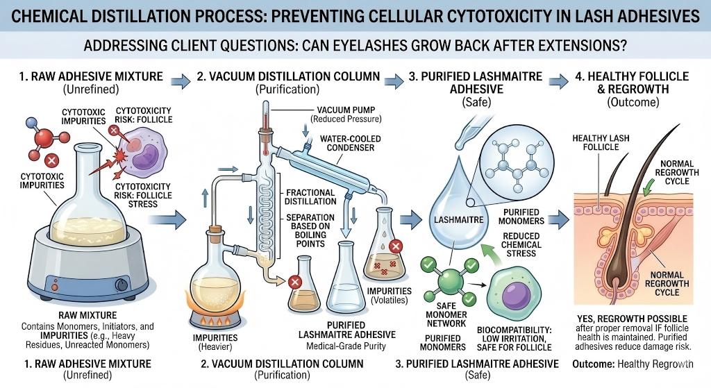 A scientific educational infographic illustration by LASHMAITRE. A sequential multi-panel diagram contrasts the structural stability of standard lash adhesive polymer (vulnerable to cytotoxic impurities from raw mixture, creating traction alopecia risk) with LASHMAITRE medical-grade purified adhesive (resistant to chemical attack, pool stable, extended retention). Microscopic and molecular illustrations show the network integrity. 'LASHMAITRE' is integrated as text only within specific educational elements.